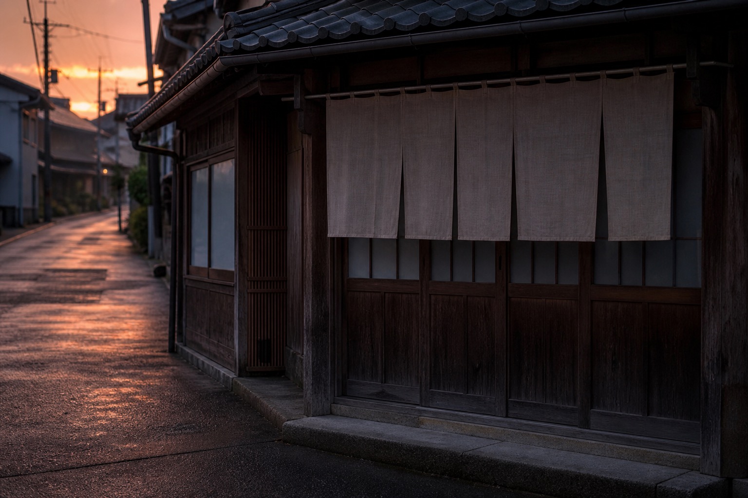 夕暮れの商店街の一角。木の引き戸と暖簾のある店の外観、濡れた路面に夕日の反射